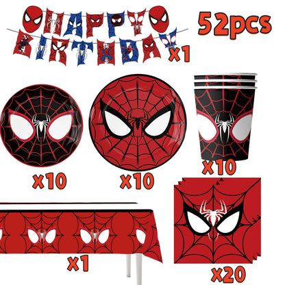 Spider Hero Birthday Party Supplies Set – Kids' Party Tableware Kit with Plates, Cups, Tablecloth, Backdrop, Balloons & Decorations