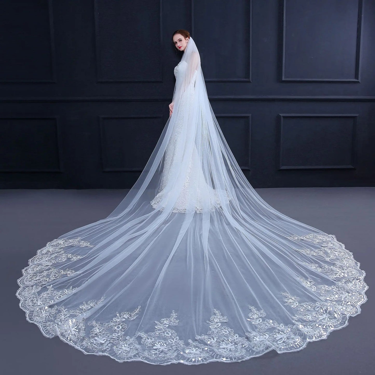 Luxury Cathedral Wedding Veil – Long Lace Edge Bridal Veil with Appliqué Sequins | White/Ivory One-Layer Veil with Comb for Bride