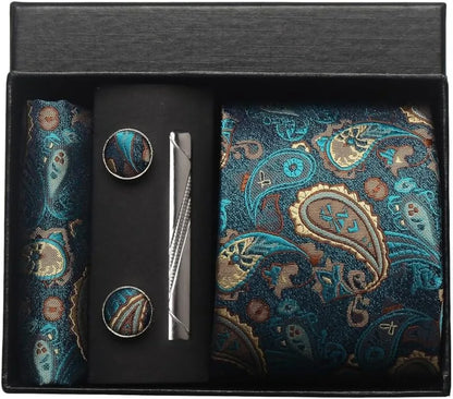 Corbata de seda 100% con diseño floral de Paisley para hombre con pañuelo de bolsillo, pasador de corbata y gemelos en caja de regalo
