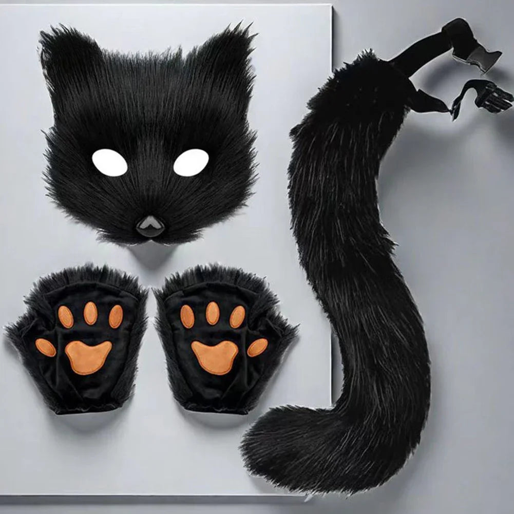 Halloween Fox Cosplay Costume Accessories Set, Animal Fox Mask, Tail and Gloves, Cute Fancy Dress-Up Props for Carnival, Masquerade, Themed Parties, and Halloween Costumes