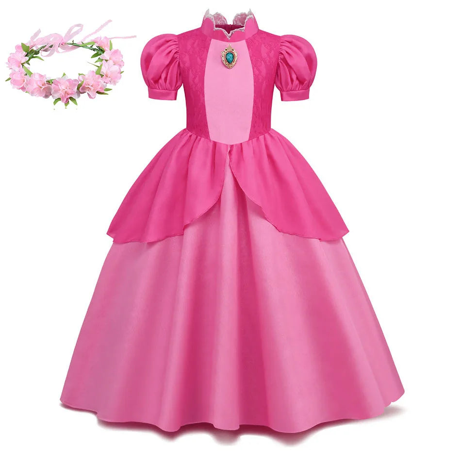Princess Peach Cosplay Dress – Bubble Sleeve Princess Costume for Kids, Summer Halloween & Christmas Party Outfit