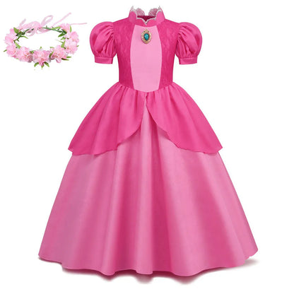 Princess Peach Cosplay Dress – Bubble Sleeve Princess Costume for Kids, Summer Halloween & Christmas Party Outfit