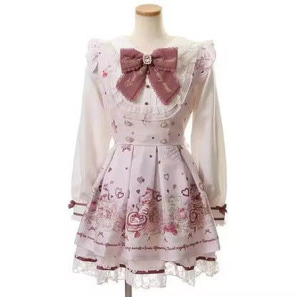 Vestido japonés Sweet Lolita Kawaii para mujer 2025, estampado de primavera, lazo, vestido falso de dos piezas, estilo coreano, ropa de fiesta