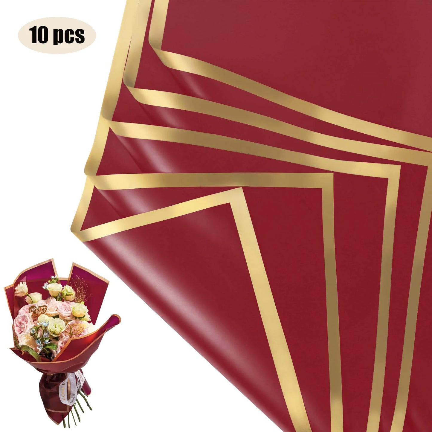 10 hojas de papel de envolver flores impermeable con bordes dorados para ramos, bodas, regalos y arreglos florales de bricolaje