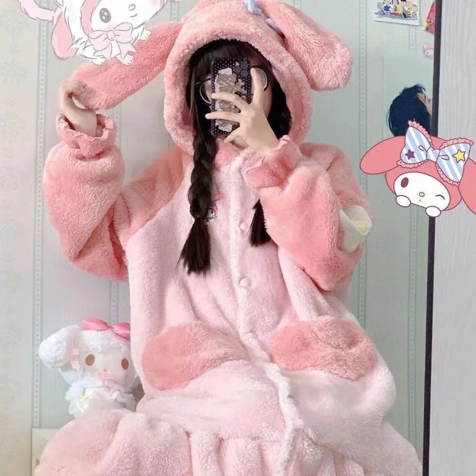 Sanrio Hello Kitty Girls' Velvet Pajama Set – Cute Cartoon Long Bathrobe & Nightgown, Soft Cozy Home Sleepwear for Kids