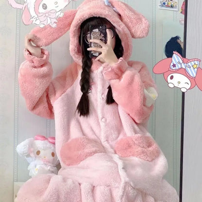 Sanrio Hello Kitty Girls' Velvet Pajama Set – Cute Cartoon Long Bathrobe & Nightgown, Soft Cozy Home Sleepwear for Kids