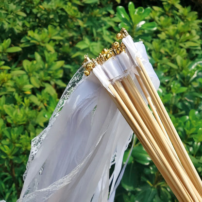 White Ribbon Wand with Bells – Fairy Streamer Stick for Weddings, Parties & Celebrations