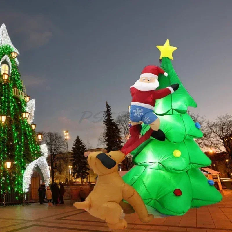 1.8M Inflatable Christmas Decoration – Dog Chasing Santa Claus on Tree Climbing Scene with Lights for Xmas Home & Party Decor