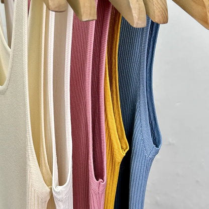 Haut court décontracté basique en tricot à col en U sans manches et de couleur unie pour femme, idéal pour l'automne