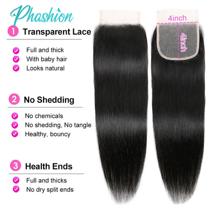 Cierre de Encaje Liso Phashion de 24/26 Pulgadas – Cierre de Encaje Suizo Transparente Pre-Arrancado de 5x5 y 4x4 | Extensión de Cabello Humano 100% Remy