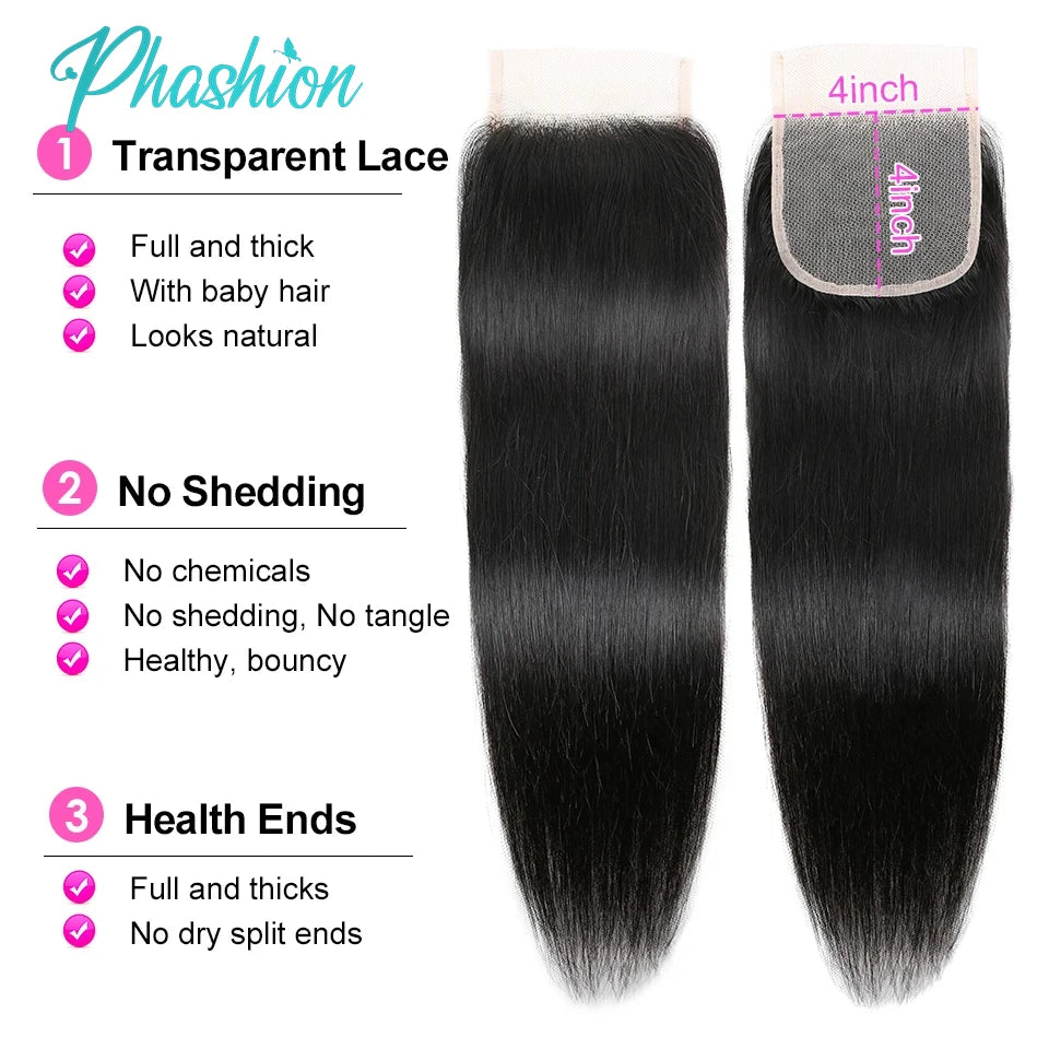Phashion 13x4 Lace Frontal & 4x4/5x5 Closure Human Hair – Pre-Plucked Swiss Transparent Lace Remy Hair Wig Extensions