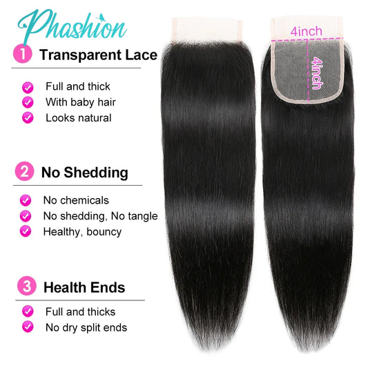 Phashion Cabello Humano con Encaje Frontal 13x4 y Cierre 4x4/5x5 – Pelo Remy Pre-Arrancado Suizo Transparente para Extensiones de Pelucas