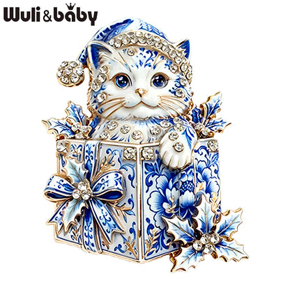Wuli&baby Blue & White Porcelain Christmas Brooches for Women – Santa Claus, Cat, Christmas Tree & Nutcracker Brooch Pins for New Year