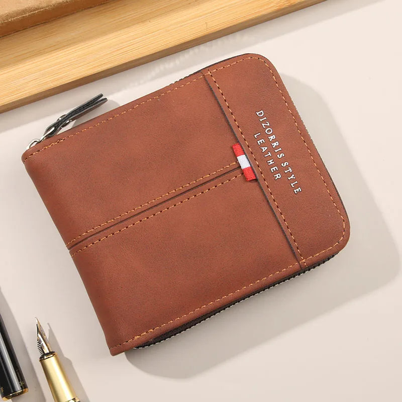Men's Retro Trifold Wallet PU Leather Short Wallet with Zipper Coin Pocket & Buckle Closure