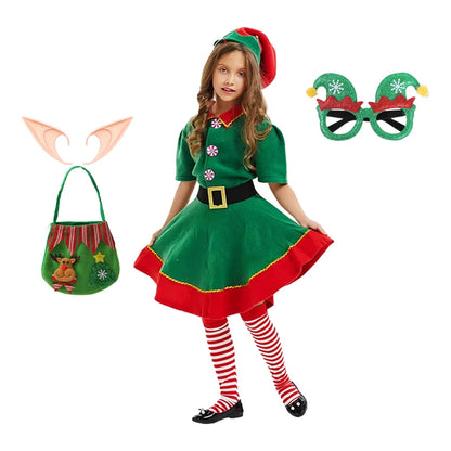 Kids Green Christmas Elf Costume Set, Boys and Girls Santa Claus Cosplay Fancy Dress, Festive Holiday Outfit for Xmas Parties, Carnival Events, Halloween and Christmas Celebrations