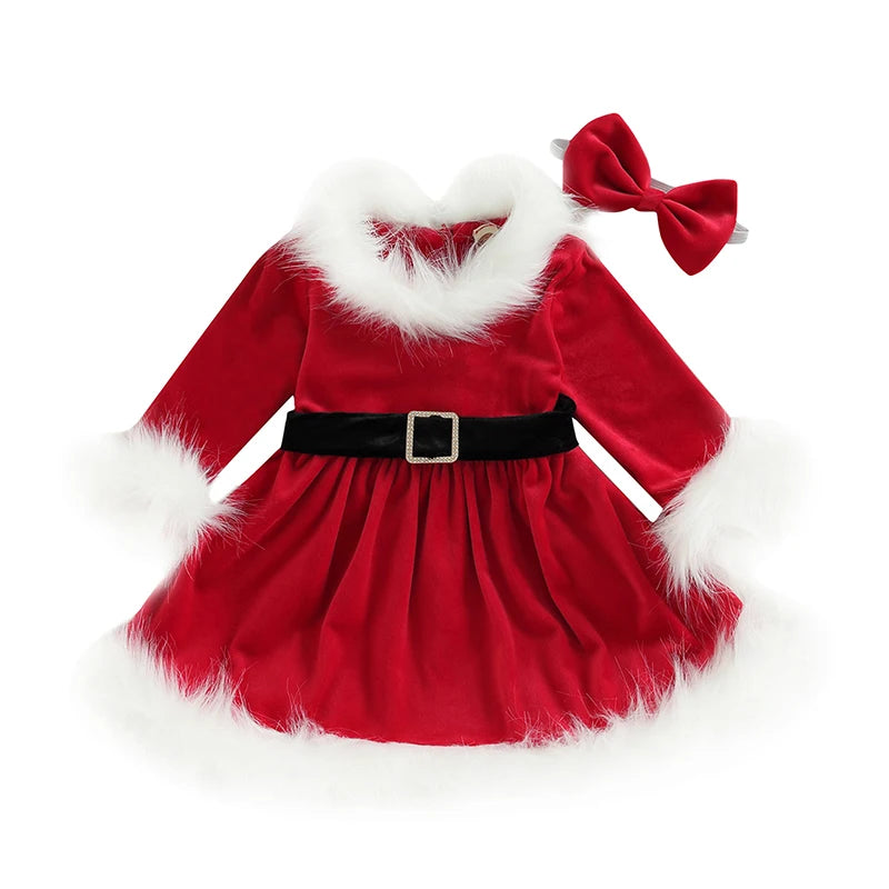 Toddler Girls Christmas A-Line Dress, Long Sleeve O-Neck Plush Trim Holiday Dress with Belt and Matching Headband, Cute Santa Claus Outfit for Xmas Parties, Festive Celebrations and Winter Photoshoots