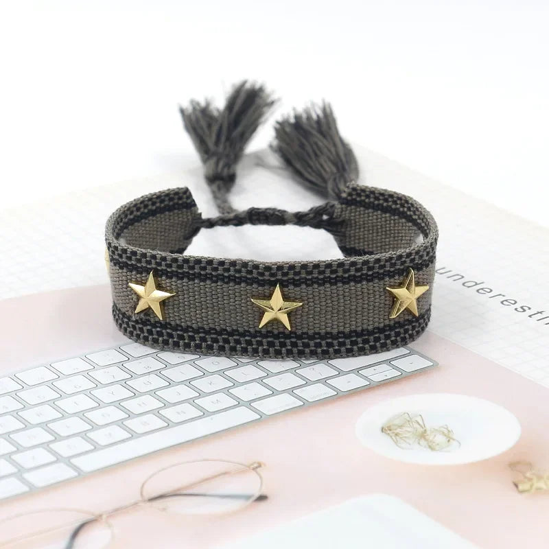 Bohemian Star Tassel Bracelet – Handmade Woven Alloy Gold Rivet Wrist Strap for Women | Ethnic Fashion Jewelry Gift