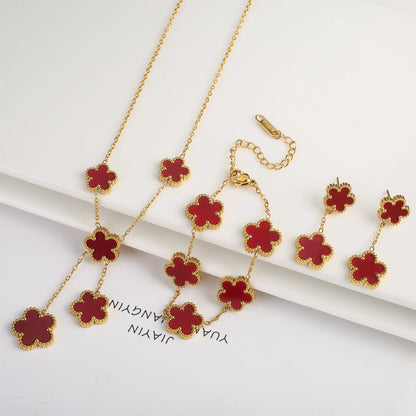 3Pcs Women’s 18K Gold Plated Five Leaf Flower Jewelry Set Clover Necklace Earrings Bracelet Party