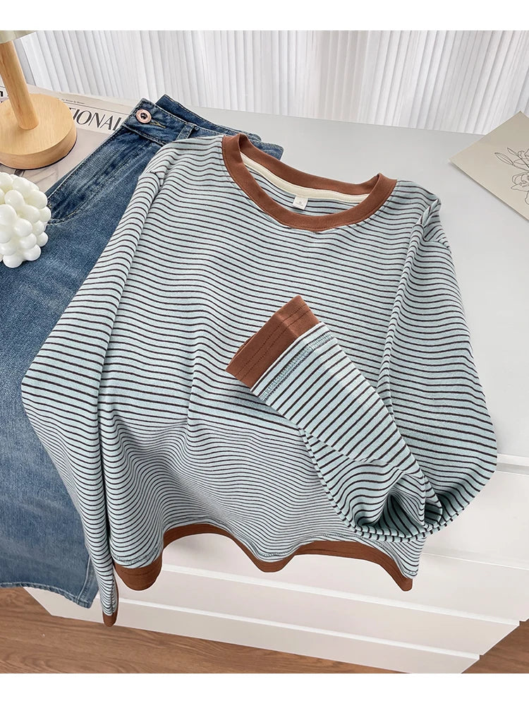 T-shirt rayé rétro à blocs de couleurs pour femmes, à manches longues, col rond, ourlet asymétrique en coton, chemise décontractée de base