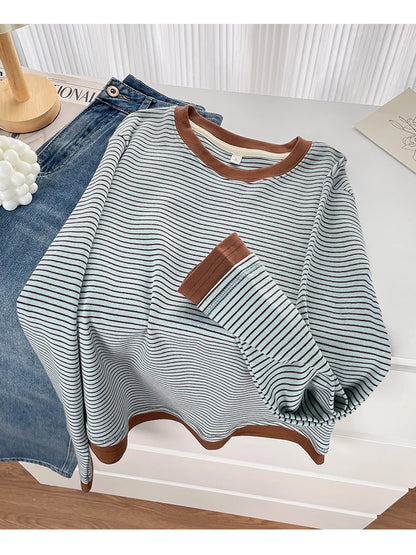 T-shirt rayé rétro à blocs de couleurs pour femmes, à manches longues, col rond, ourlet asymétrique en coton, chemise décontractée de base