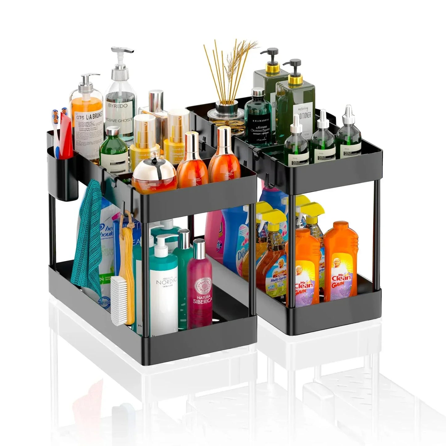 2-Tier Pull Out Under Sink Organizer – Slide-Out Cabinet Storage Rack with Hooks & Cups for Kitchen & Bathroom