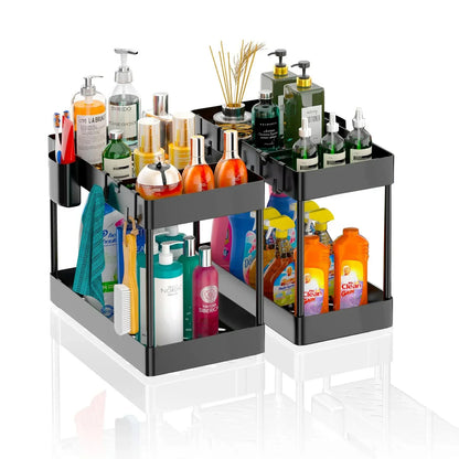 2-Tier Pull Out Under Sink Organizer – Slide-Out Cabinet Storage Rack with Hooks & Cups for Kitchen & Bathroom