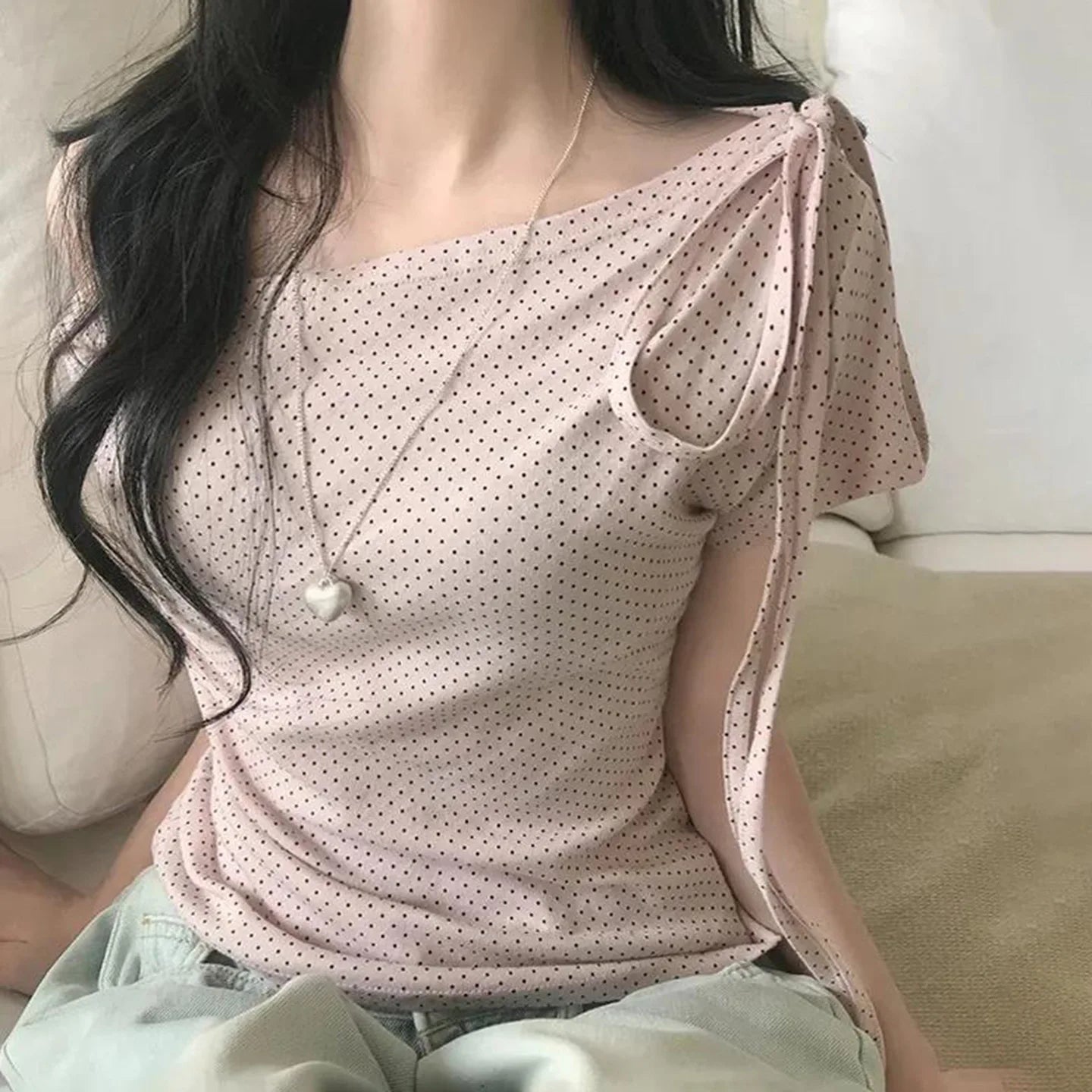 Women’s Sweet Polka Dot One Shoulder T-Shirt Korean Style Slim Fit Summer Casual Office Top