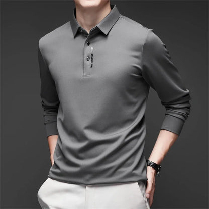 Polo à manches longues pour homme – Haut décontracté de couleur unie, respirant, confortable et tendance pour le quotidien