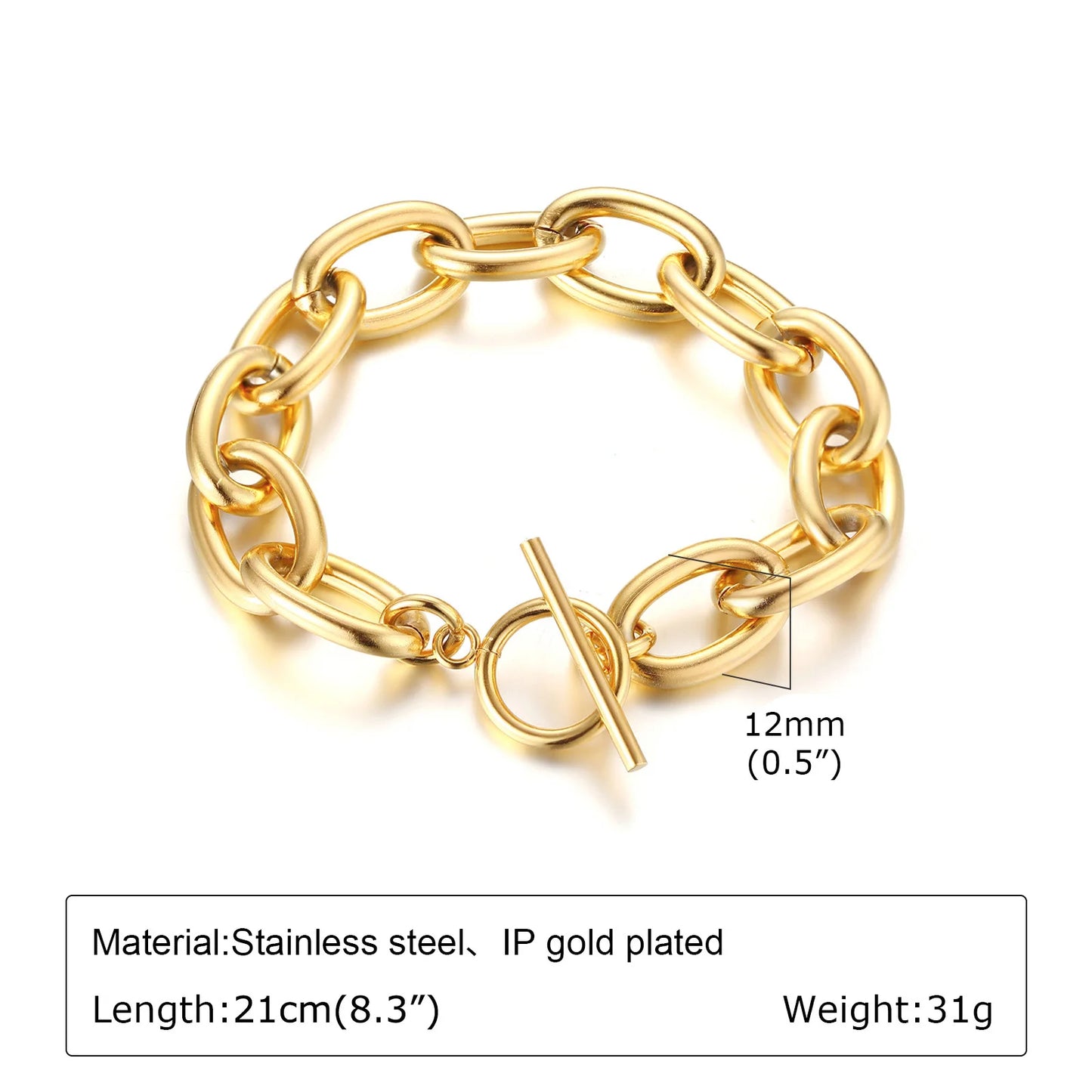 Pulsera de cadena de eslabones gruesos de acero inoxidable – Bañado en oro, pulsera de capas para mujer | Joyería de moda impermeable y de tendencia