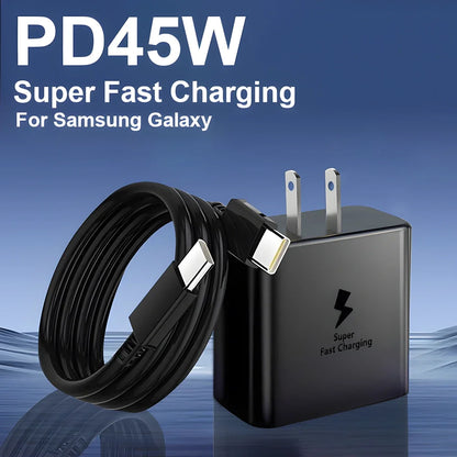 45W Super Fast Charger with USB-C Cable – Portable Fast Charging Adapter & Data Cable for Samsung Galaxy S25 Ultra, S24, S23, S22, S21 & Note 20