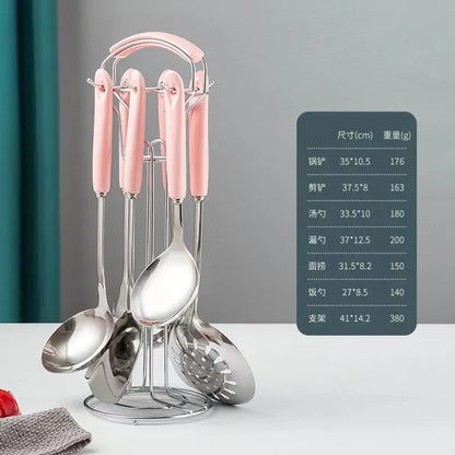 7PCS Stainless Steel Kitchen Utensil Set – Cooking Spatula & Soup Spoon with Ceramic Handles, Nordic Style Kitchenware