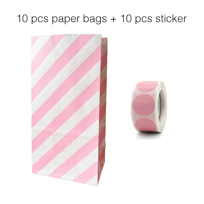 10PCS Stand-Up Colorful Gift Bags with Stickers – Solid, Striped & Polka Dot Treat Bags for Wedding, Birthday & Party Favors (18×9×6cm)