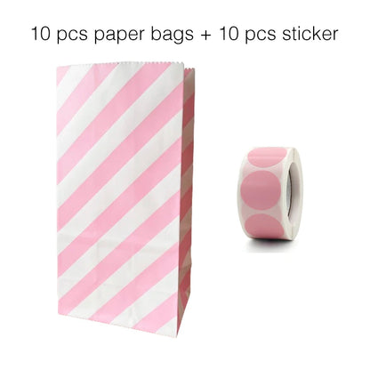 10PCS Stand-Up Colorful Gift Bags with Stickers – Solid, Striped & Polka Dot Treat Bags for Wedding, Birthday & Party Favors (18×9×6cm)