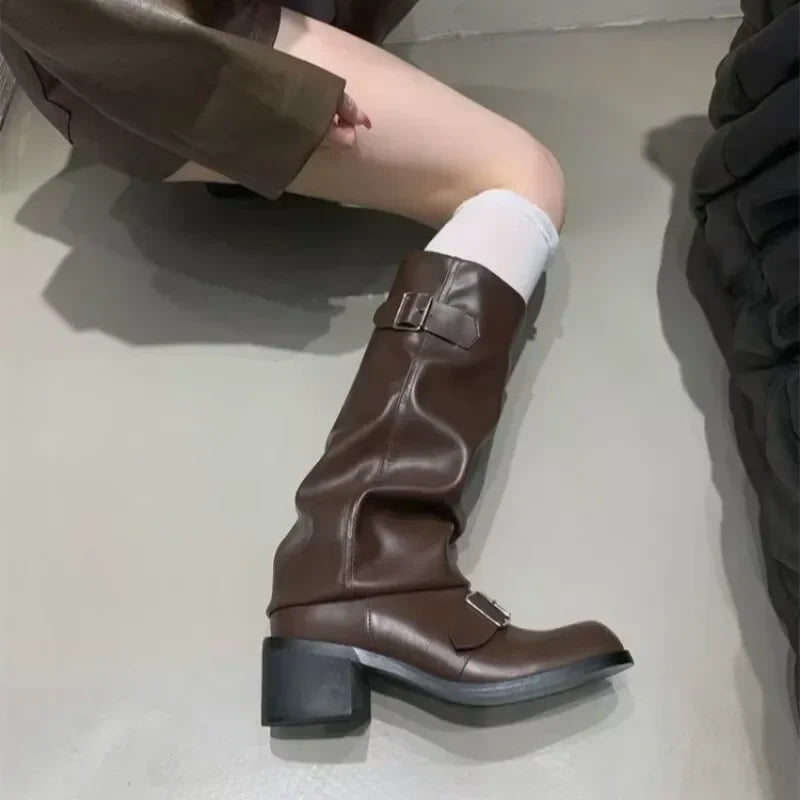 Botas altas de plataforma hasta la rodilla para mujer – Botas de moto de piel estilo gótico punk con tacón grueso, calzado de moda estilo New Rock