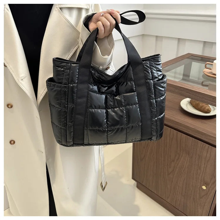 Sac à bandoulière matelassé pour femmes – Grand sac fourre-tout en nylon pour l'hiver 2025, motif en coton chaud, sac à main de voyage décontracté et tendance