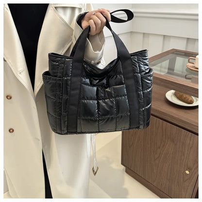Sac à bandoulière matelassé pour femmes – Grand sac fourre-tout en nylon pour l'hiver 2025, motif en coton chaud, sac à main de voyage décontracté et tendance