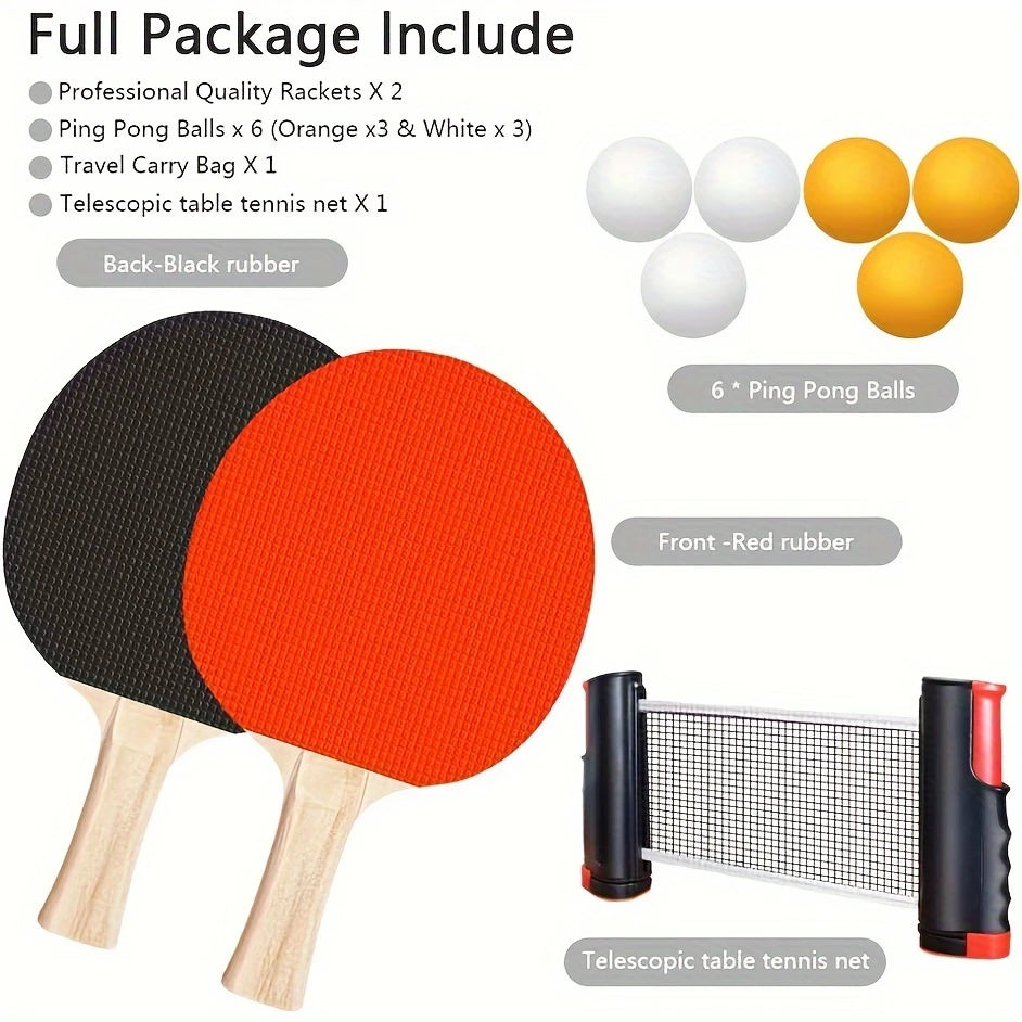 Portable Table Tennis Set – Ping Pong Paddle Set with Retractable Net, Carry Bag & 40+ Balls for Indoor/Outdoor Games Gift