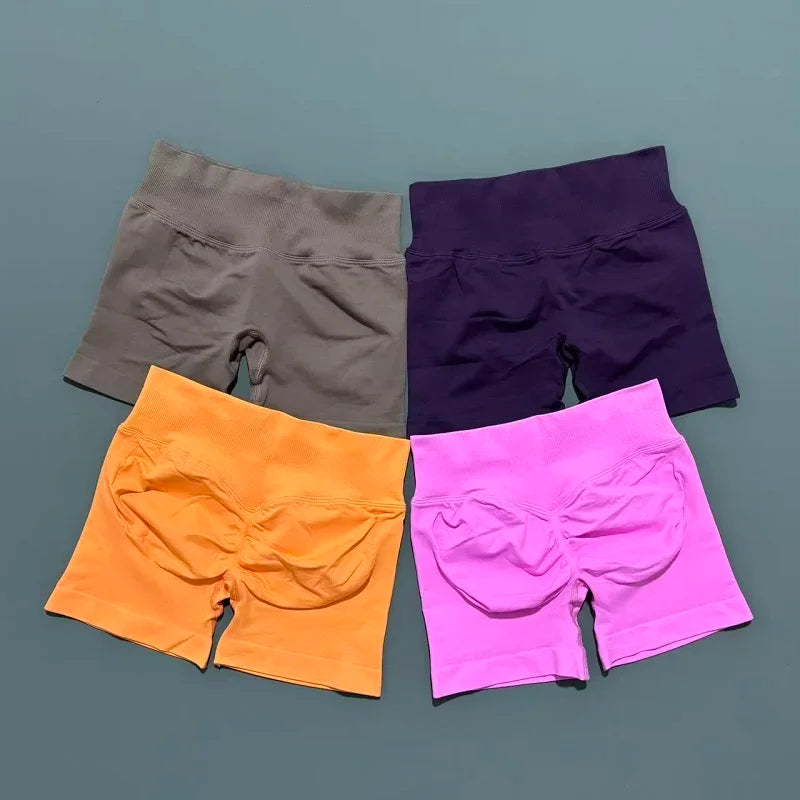 HISTELLO Pantalones cortos de yoga sin costuras de 4.5" para mujer – Pantalones cortos deportivos de talle bajo con efecto fruncido para gimnasio, fitness, correr y ropa deportiva
