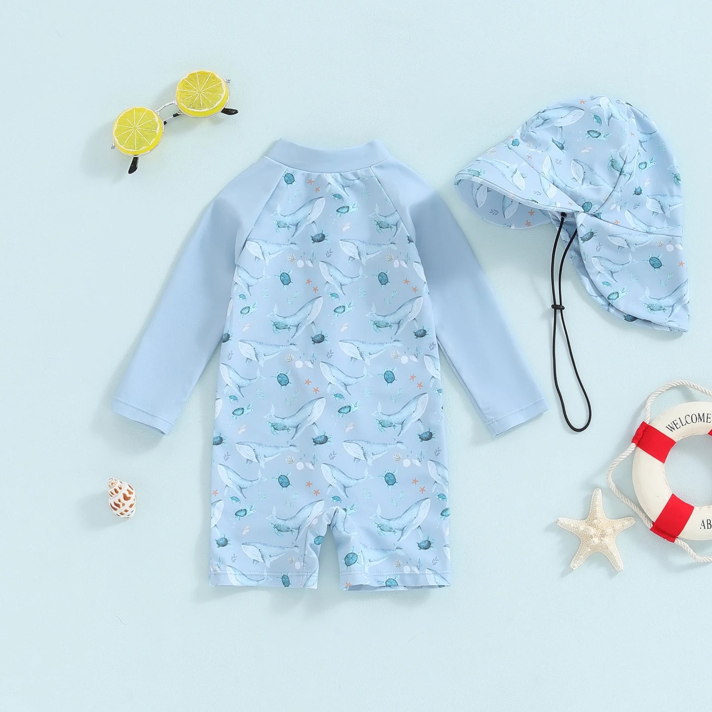 Toddler Baby Boy Whale Print Swimwear Set – Long Sleeve Rash Guard Swimsuit with Sun Hat, Infant UV Protective Beachwear for Swimming, Pool, Summer Vacation & Outdoor Activities
