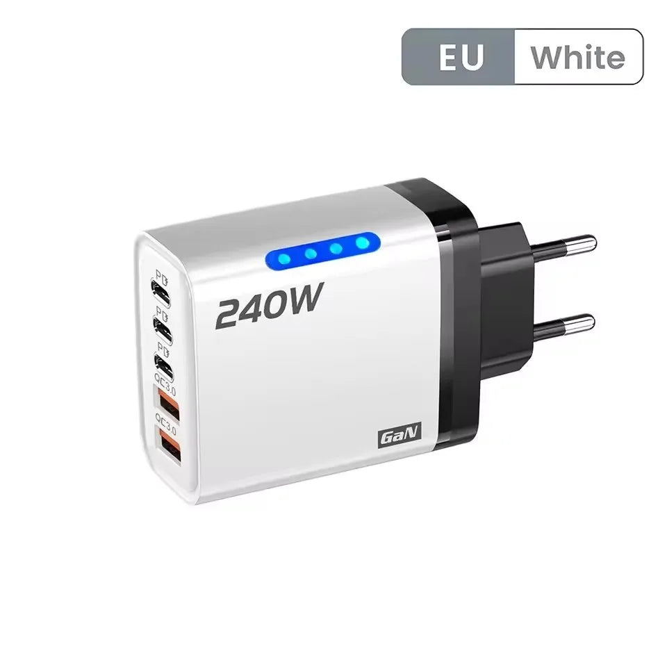 5-in-1 240W GaN Desktop Charger – 3PD + 2USB Fast Charging Adapter with 10A USB-C Cable for iPhone 17/16 Pro, Samsung & Laptops