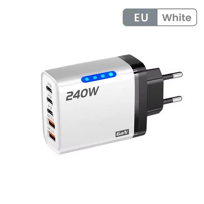 5-in-1 240W GaN Desktop Charger – 3PD + 2USB Fast Charging Adapter with 10A USB-C Cable for iPhone 17/16 Pro, Samsung & Laptops