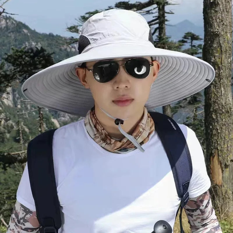 15cm Large Brim Polyester Sun Hat – UV Protection Breathable Mesh Fishing Cap, Foldable Outdoor Hat for Hiking & Beach