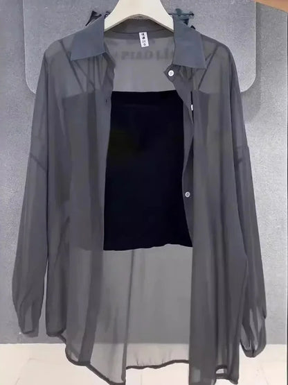 Plus Size Women's Summer Blouse – Lightweight Chiffon Long Sleeve Button-Up Shirt, Loose Breathable Sun-Protection Top