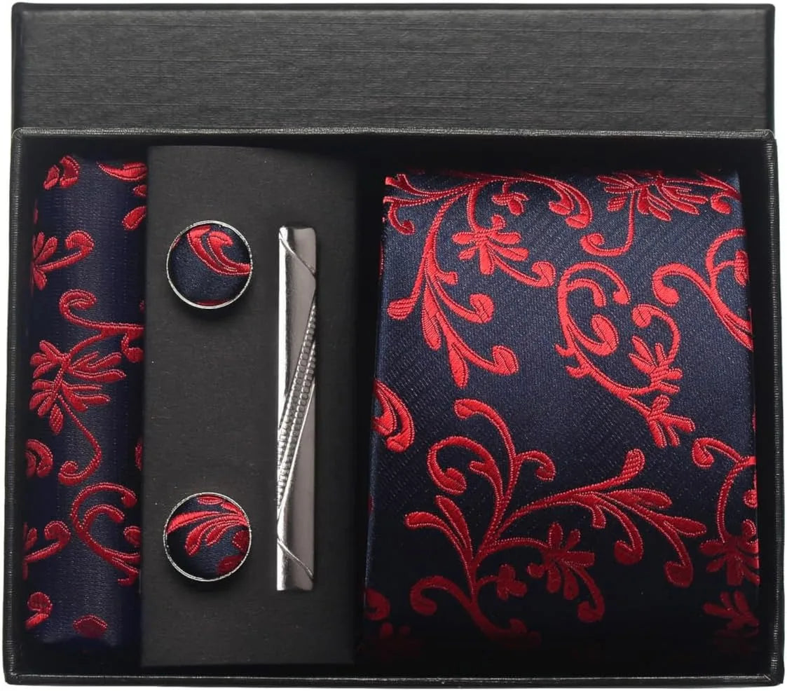 Corbata de seda 100% con diseño floral de Paisley para hombre con pañuelo de bolsillo, pasador de corbata y gemelos en caja de regalo