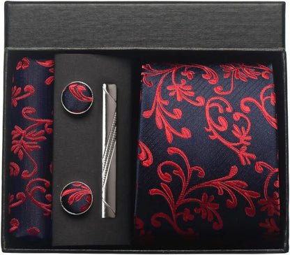 Corbata de seda 100% con diseño floral de Paisley para hombre con pañuelo de bolsillo, pasador de corbata y gemelos en caja de regalo