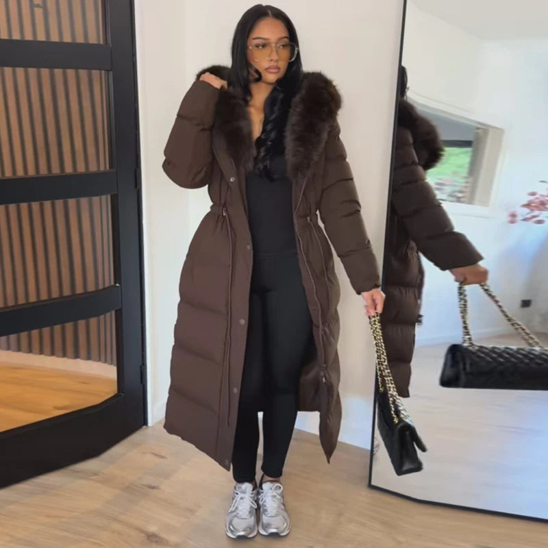 Women’s Long Puffer Winter Coat – Thick Warm Maxi Padded Jacket with Faux Fur Hood, Drawstring Waist & Zip-Up Button Closure