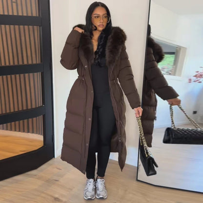 Women’s Long Puffer Winter Coat – Thick Warm Maxi Padded Jacket with Faux Fur Hood, Drawstring Waist & Zip-Up Button Closure
