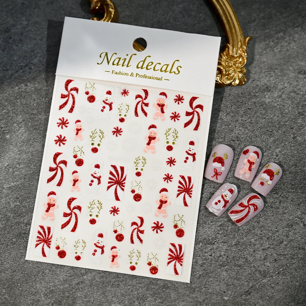 Christmas Nail Art Stickers – Red Glitter Snowflake, Elk & Snowman Self-Adhesive Holiday Manicure Decals (1–12pcs)