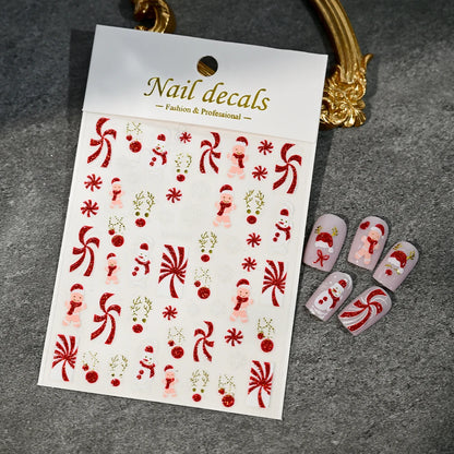 Christmas Nail Art Stickers – Red Glitter Snowflake, Elk & Snowman Self-Adhesive Holiday Manicure Decals (1–12pcs)