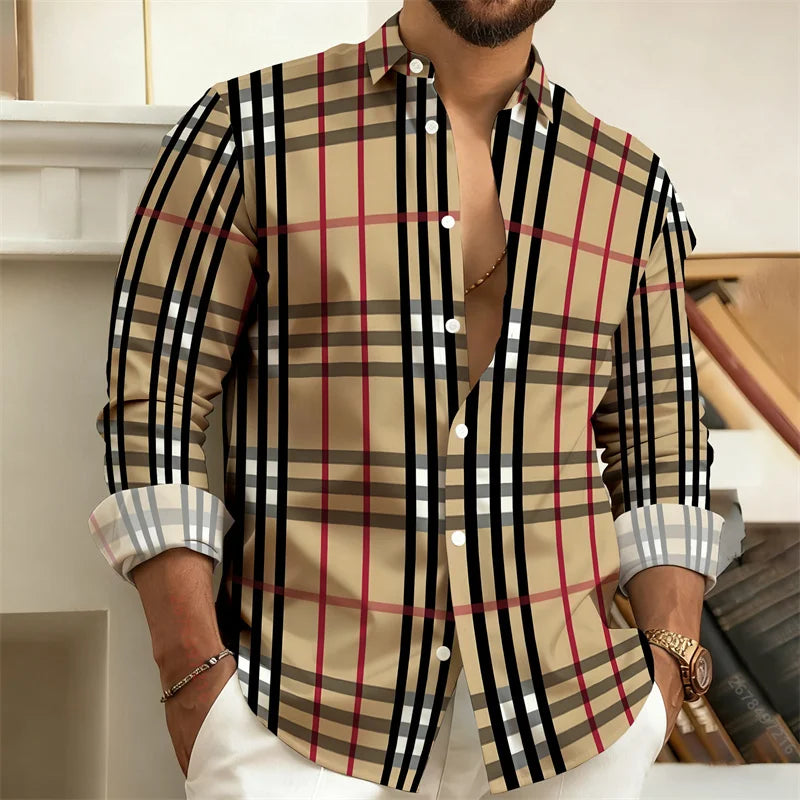 Men’s 3D Printed Plaid Long Sleeve Shirt – Fashion Casual Streetwear Top for Outdoor Everyday Wear, Sizes S–6XL